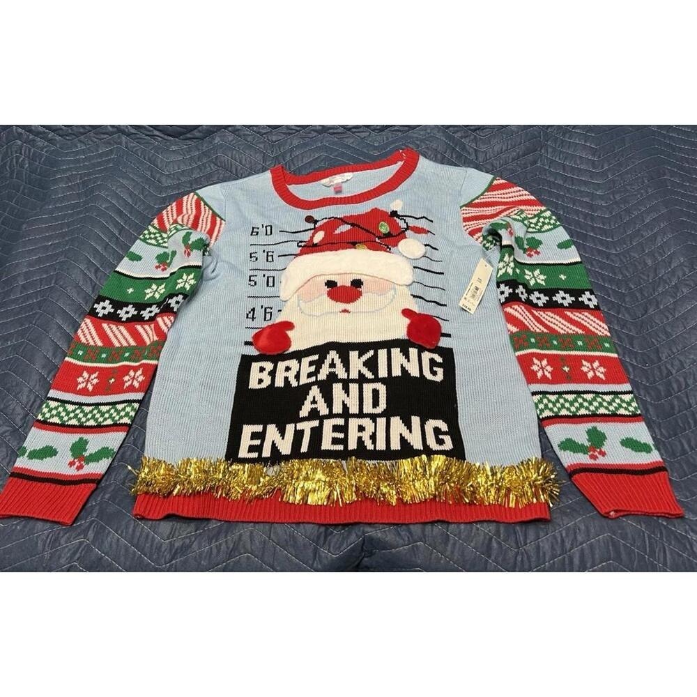 Funny Santa "Breaking and Entering" Ugly Christmas Sweater XXL NWT Holiday